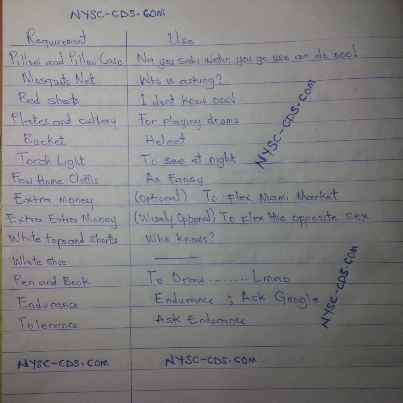 Items you should take to NYSC Orientation camp NYSC CDS